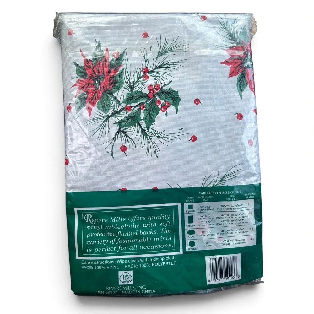 Vintage Revere Mills Christmas Tablecloth 52x70 Oblong Flannel Backed Vinyl New